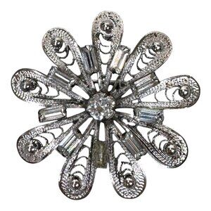 Vintage Sterling Silver Filigree Flower Brooch Intricate Starburst Rhinestone